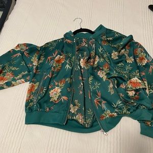 Floral satin zip up bomber jacket